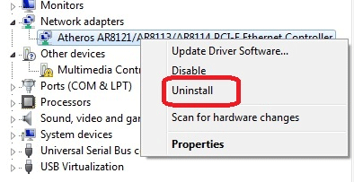 Windows 7 Device Manager, Uninstall Device